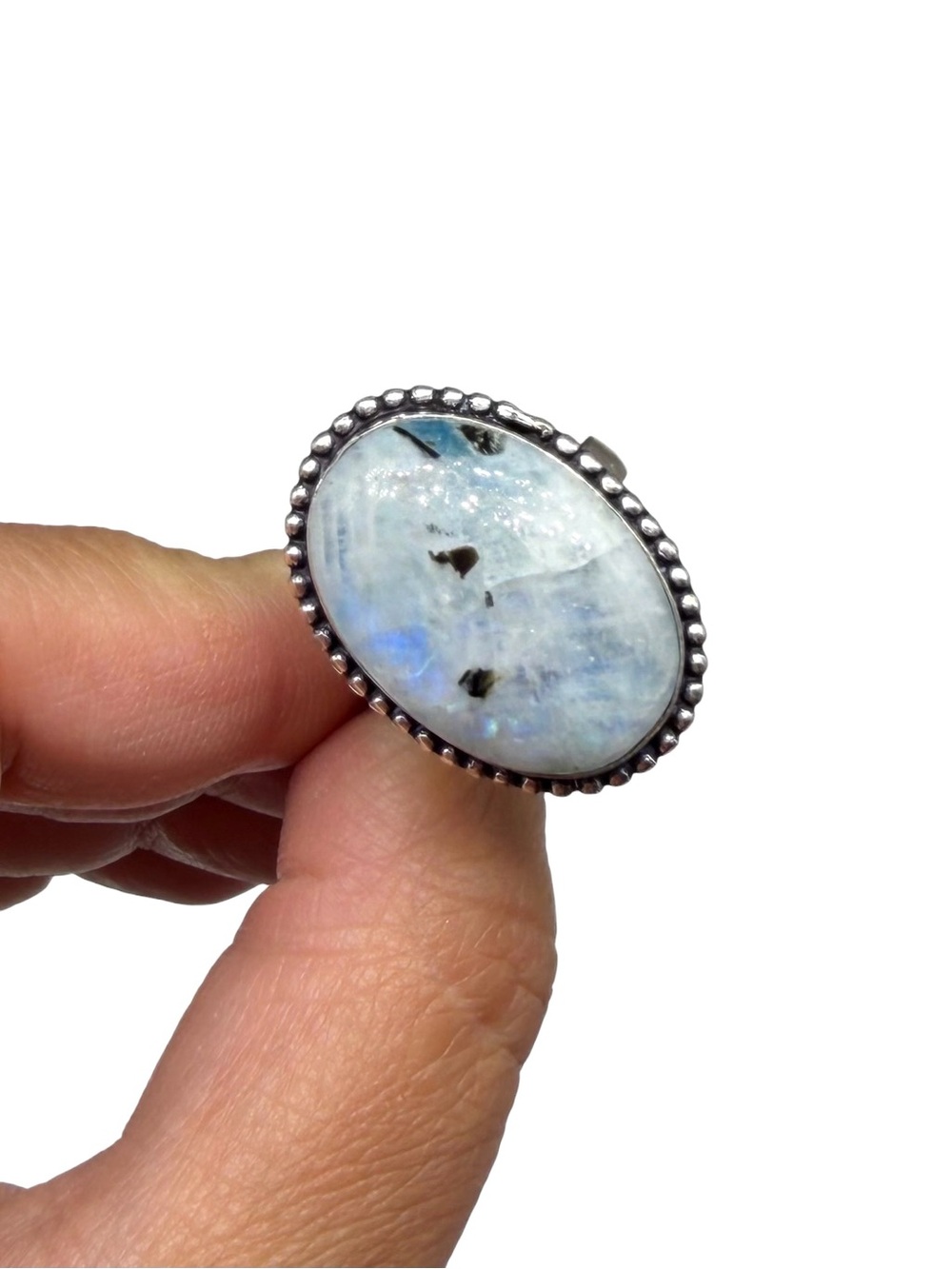 Blue Flash Rainbow Moonstone Ring Size 9 925 Sterling Silver Overlay Oval Stone - Picture 7 of 11